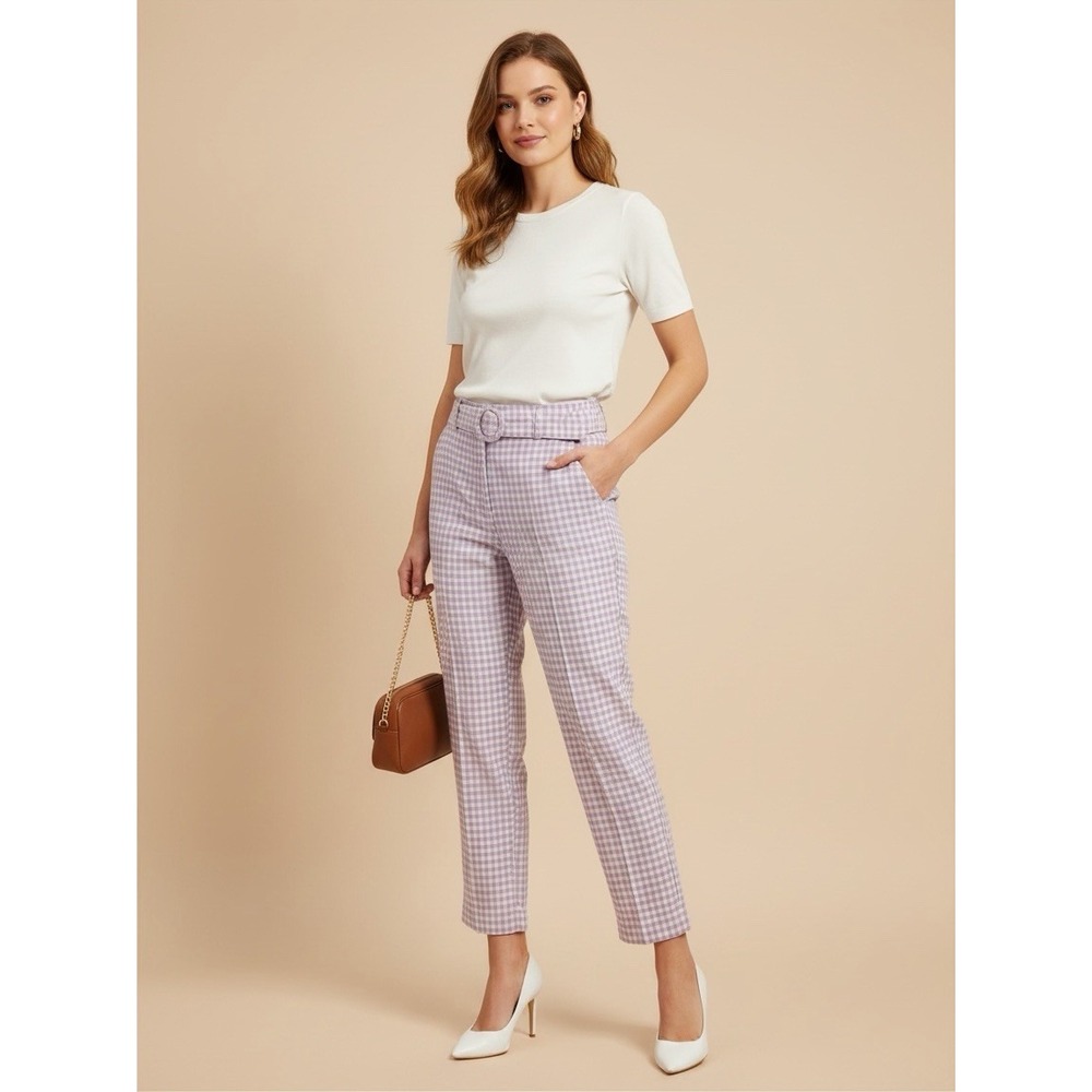Loft Lavender White Gingham Cropped Pants 10P Linen Blend Preppy Old Money